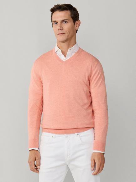 Hackett London Cotton V-Neck Jumper, Peach Orange, Peach Orange