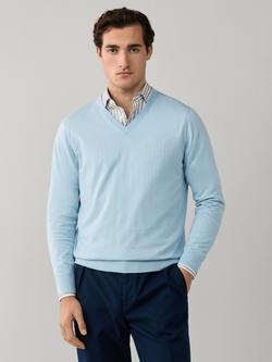 Hackett London V-Neck Fine Knit Jumper, Oxford Blue