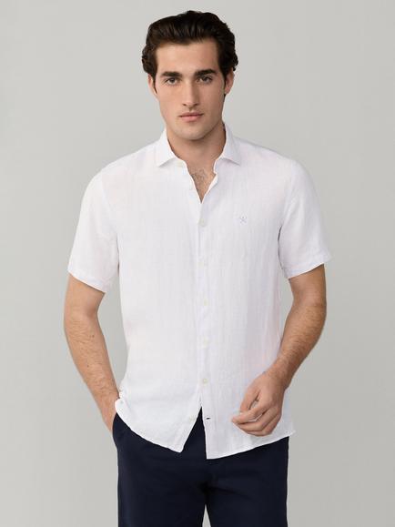 Hackett London Tailored Fit Short Sleeve Linen Shirt, Optic White, Optic White