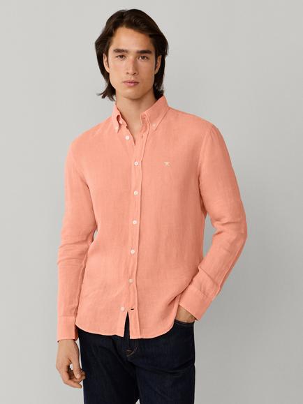 Hackett London Linen Tailored Untucked Fit Brompton Button-Down Shirt, Sunset Orange