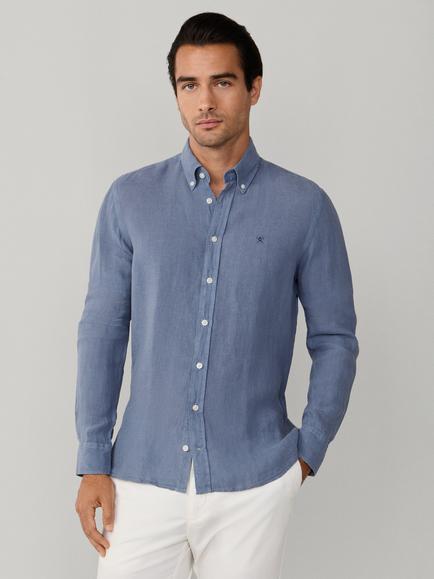 Hackett London Linen Tailored Untucked Fit Brompton Button-Down Shirt, Thames Blue