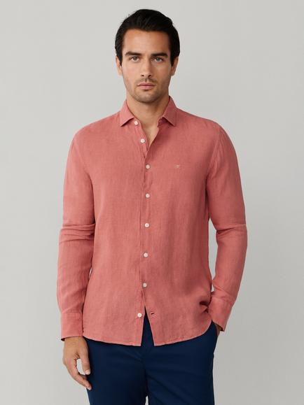 Hackett London Linen Tailored Untucked Fit Brompton Button-Down Shirt, Baked Clay Red