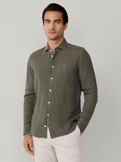 Hackett London Tailored Fit Garment Dyed Linen Shirt, Army Green, Army Green