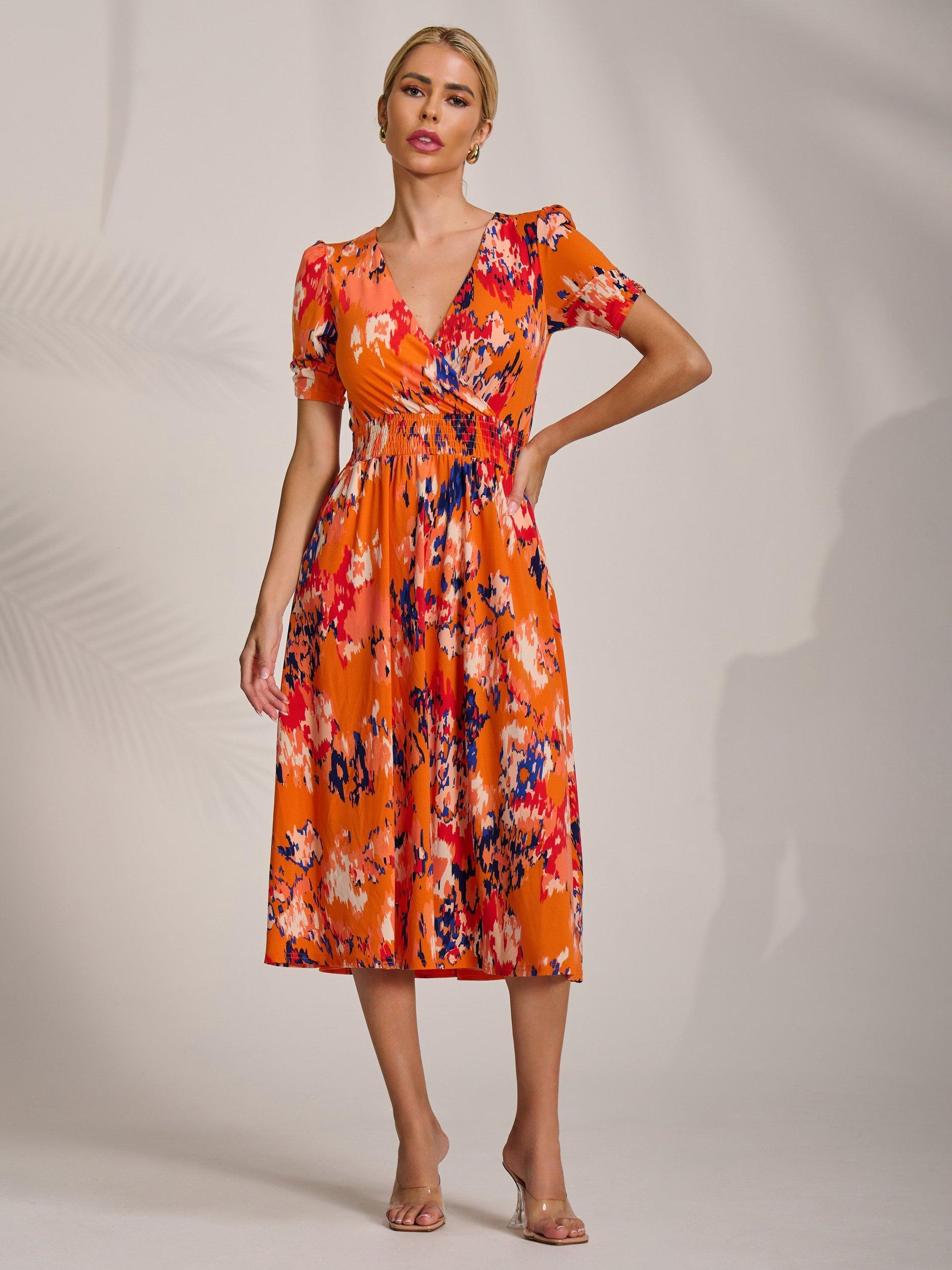 Product image 1 of 6, which shows Jolie Moi Abstract Jersey Midi Dress, Orange Abstract, 8
