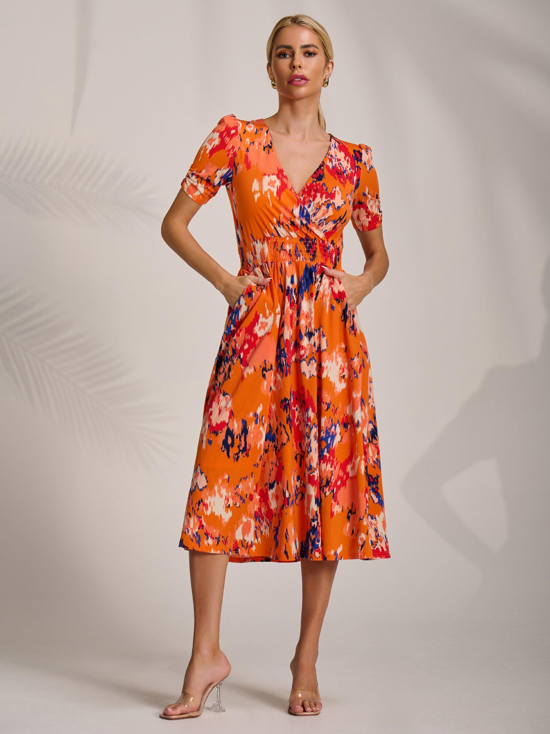 Product image 3 of 6, which shows Jolie Moi Abstract Jersey Midi Dress, Orange Abstract, 8