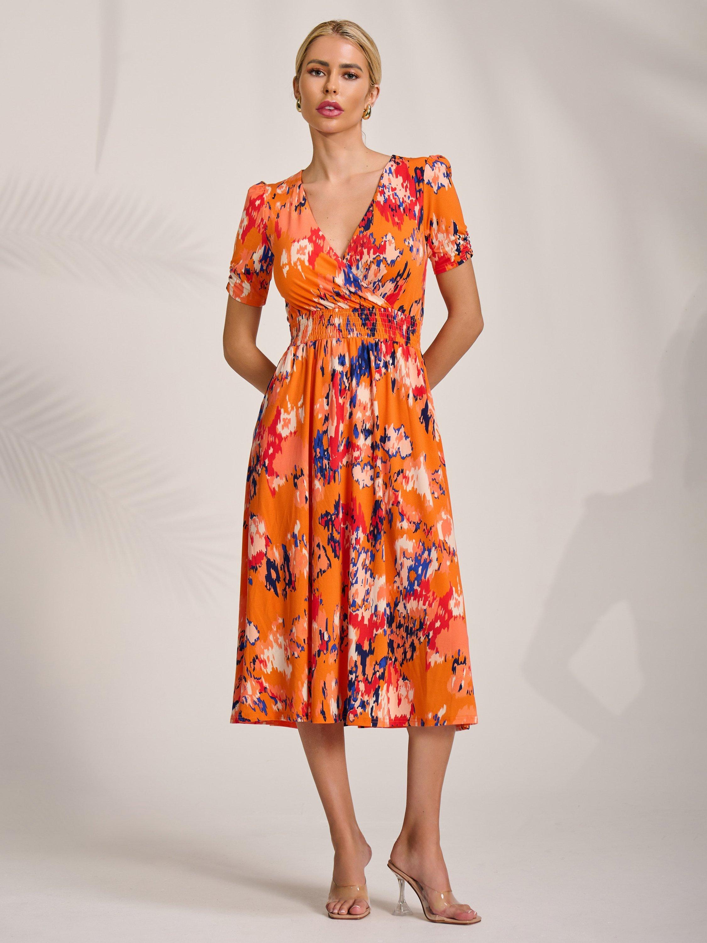 Product image 5 of 6, which shows Jolie Moi Abstract Jersey Midi Dress, Orange Abstract, 8
