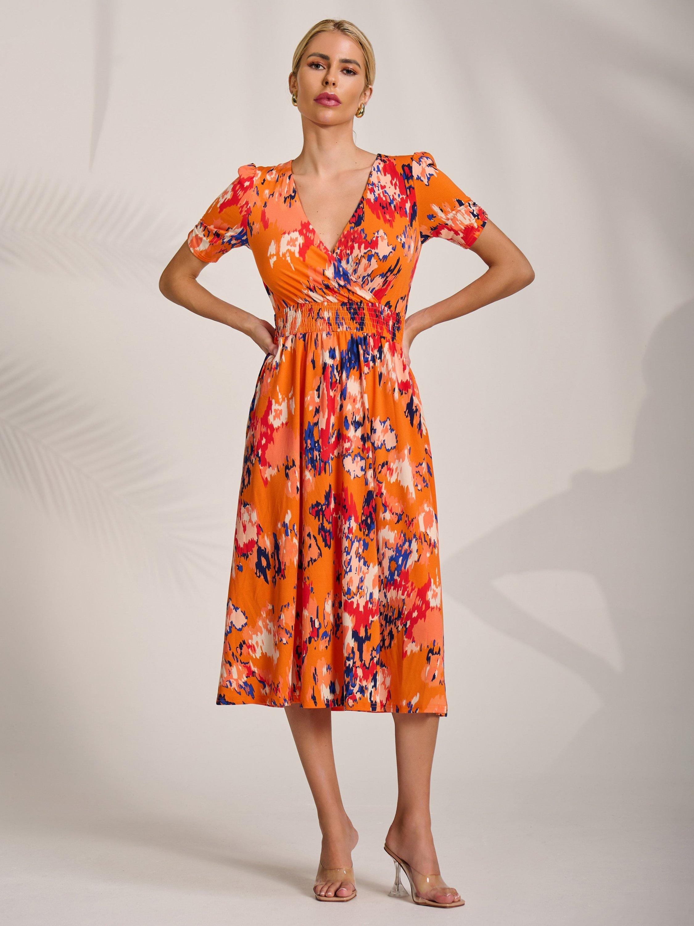 Product image 6 of 6, which shows Jolie Moi Abstract Jersey Midi Dress, Orange Abstract, 8