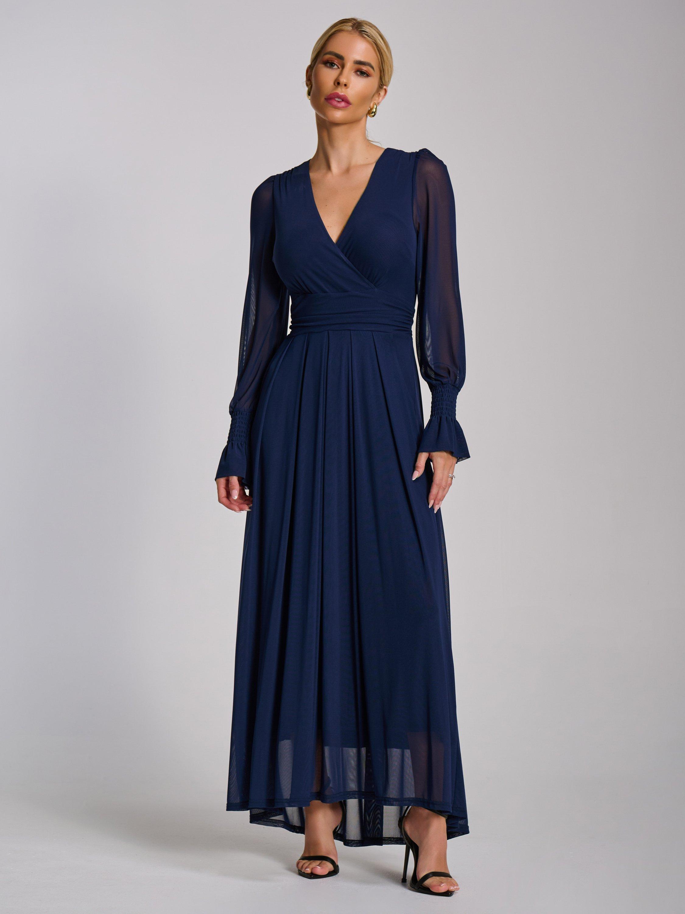 Product image 6 of 6, which shows Jolie Moi Mesh Sleeve Maxi Dress, Navy, 8