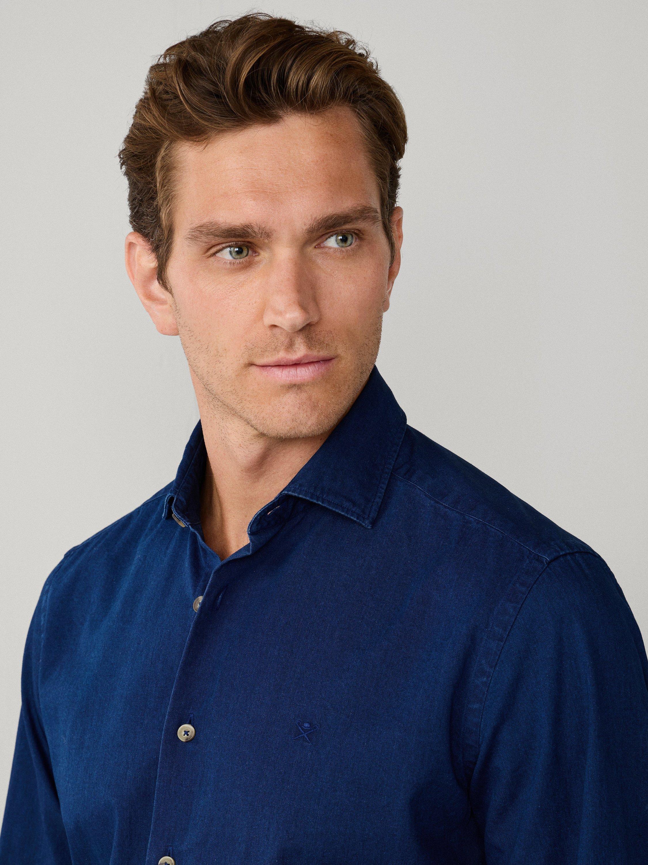 Product image 5 of 8, which shows Hackett London Cotton Tailored Fit Stripe Shirt, Dark Denim Blue, L