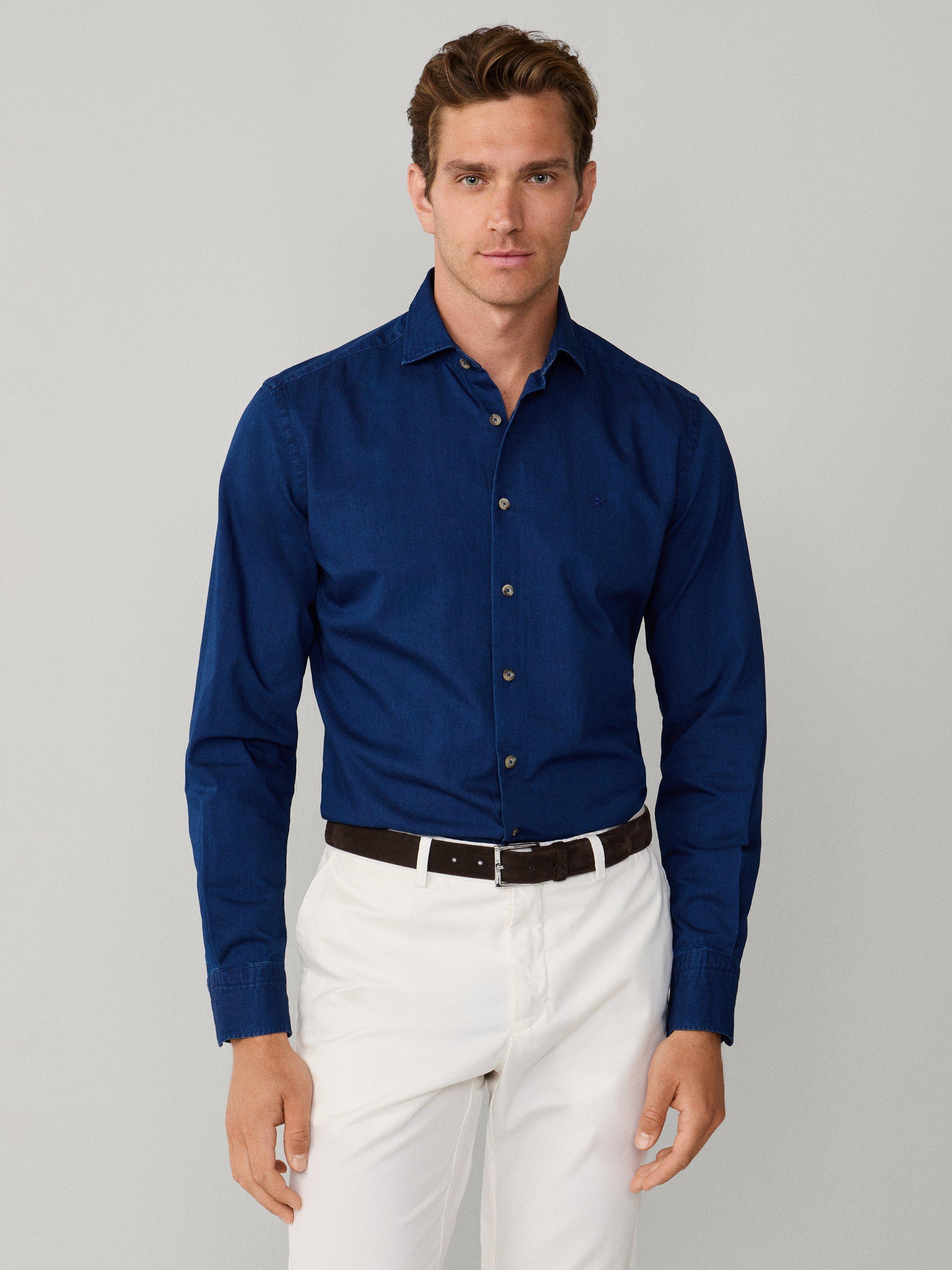 Product image 8 of 8, which shows Hackett London Cotton Tailored Fit Stripe Shirt, Dark Denim Blue, L