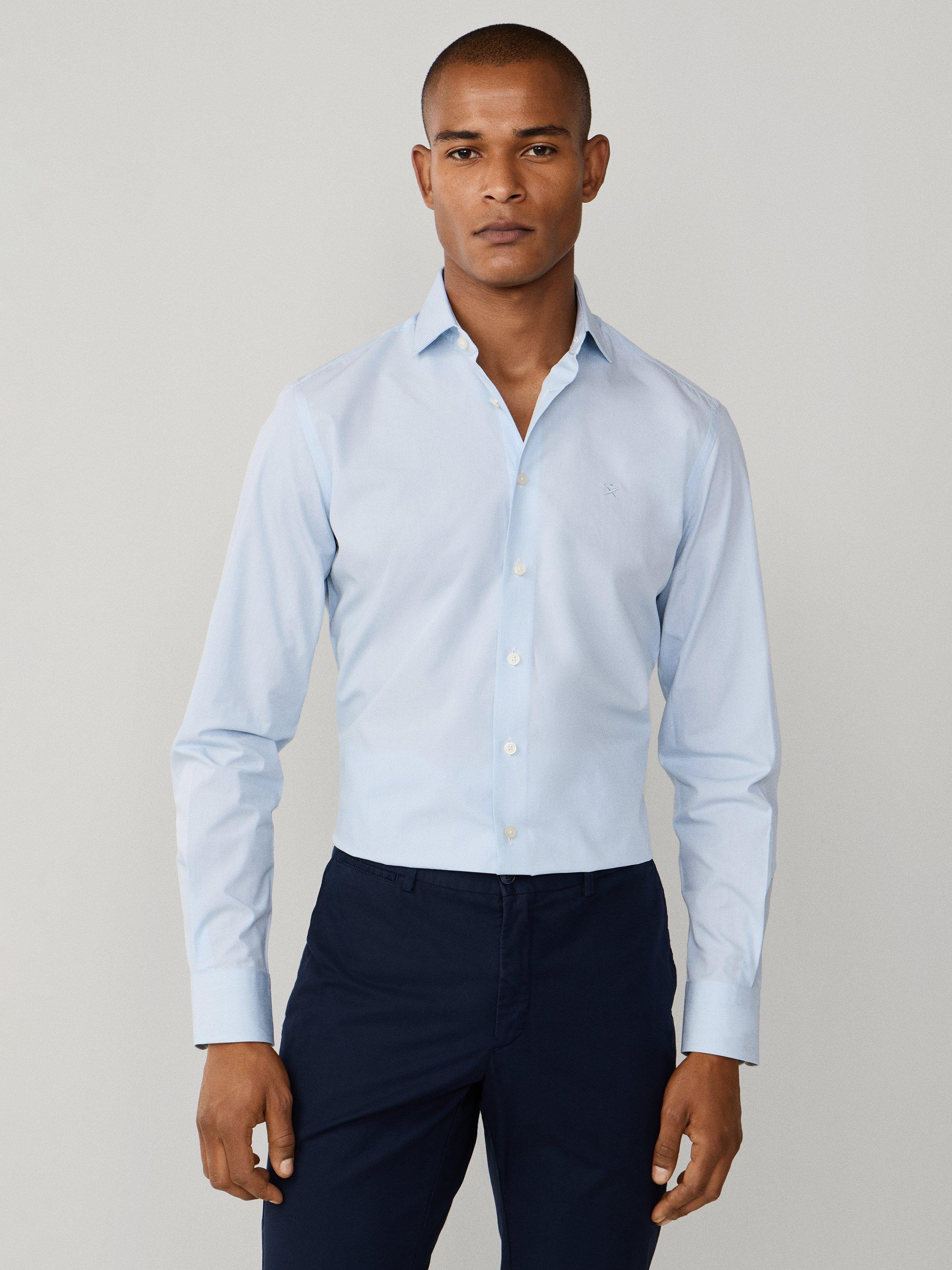 Product image 1 of 8, which shows Hackett London Cotton Tailored Fit Stripe Shirt, Sky Blue, XS