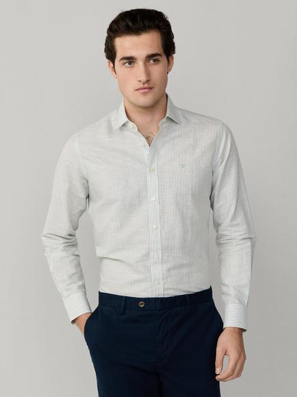 Hackett London Tailored Fit Stripe Linen Rich Shirt, Sage Green