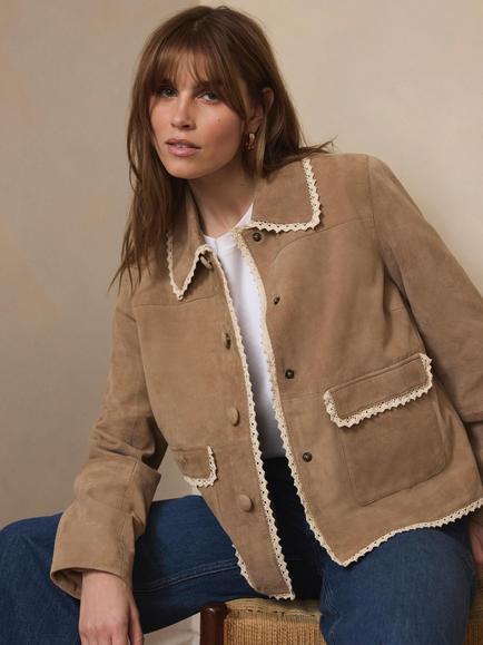 Mint Velvet Crochet Trim Pure Suede Jacket, Natural - view 2, Natural
