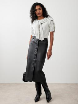 Mint Velvet Pure Leather Midi Skirt, Black, Black