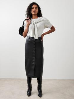 Mint Velvet Pure Leather Midi Skirt, Black - view 2, Black