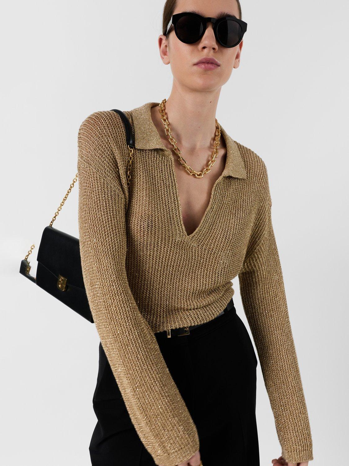 Product image 1 of 6, which shows Gerard Darel Lailah Metallic Stitch Jumper, Gold, 10