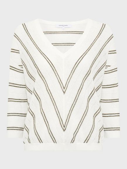 Gerard Darel Lerya Stripe Linen Blend Jumper, Khaki Green, Khaki Green