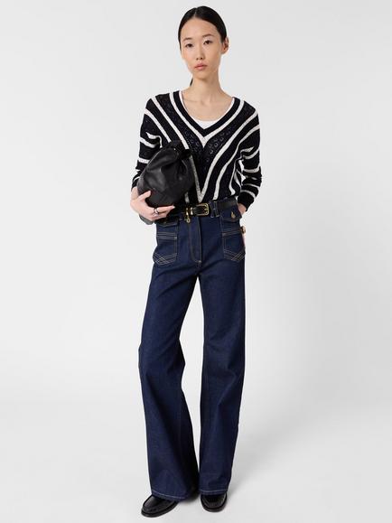 Gerard Darel Loretta Cotton Striped V-Neck Jumper, Navy