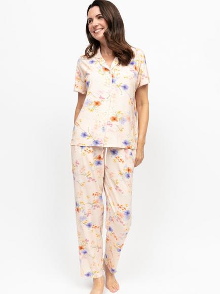 Nora Rose by Cyberjammies Samantha Floral Button Through Long Pyjama Set, Peach, Peach