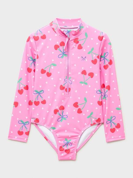 Crew Clothing Kids' UPF50+ Cherry Zip-Up Long Sleeve Swimsuit, Pink/Multi, Pink/Multi
