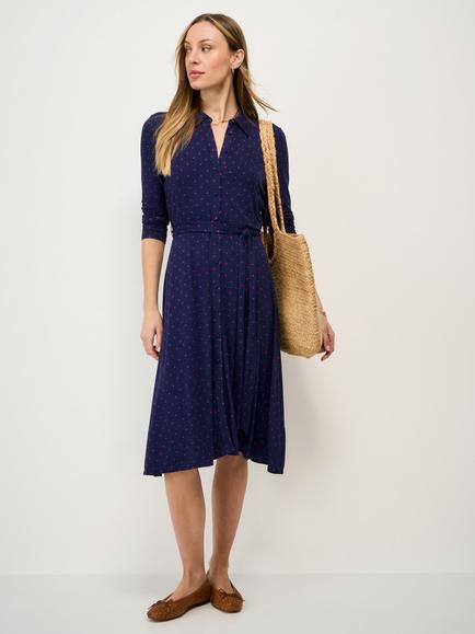 Crew Clothing Emma Polka Dot Long-Sleeve Jersey Shirt Dress containing LENZING™ ECOVERO™ Viscose, Dark Blue