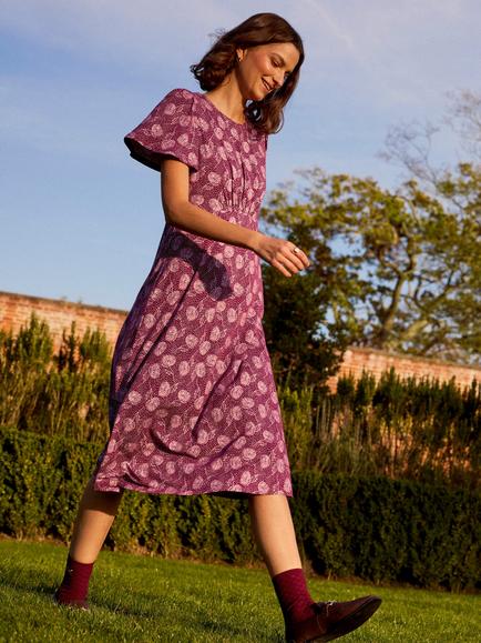 Crew Clothing Jenna Flutter Sleeve Jersey Dress containing LENZING™ ECOVERO™ Viscose, Bordeaux Red, Bordeaux Red