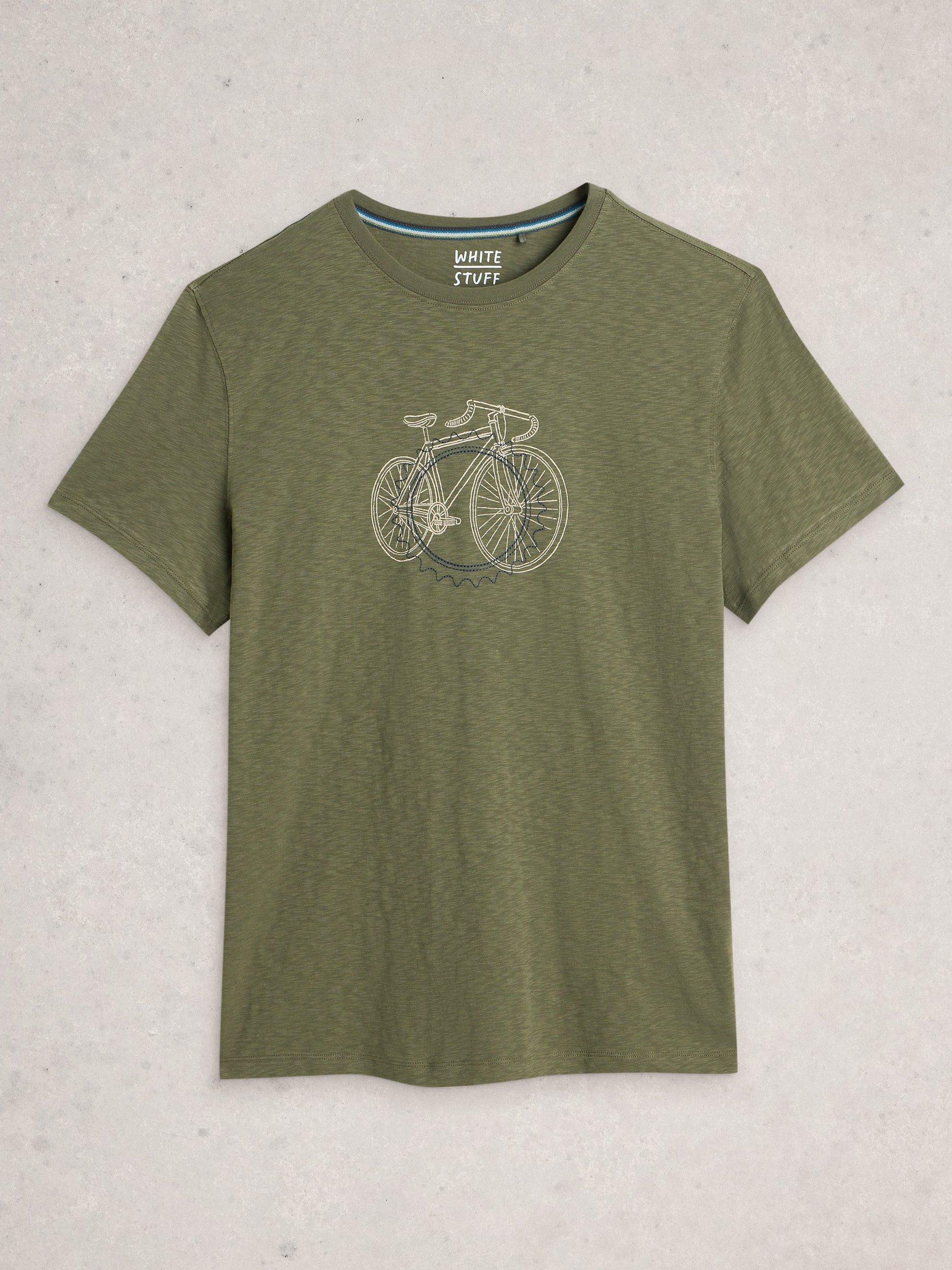 Product image 5 of 6, which shows White Stuff Abersoch Cotton Regular Fit Cogs Graphic T-Shirt, Mid Green, S Reg