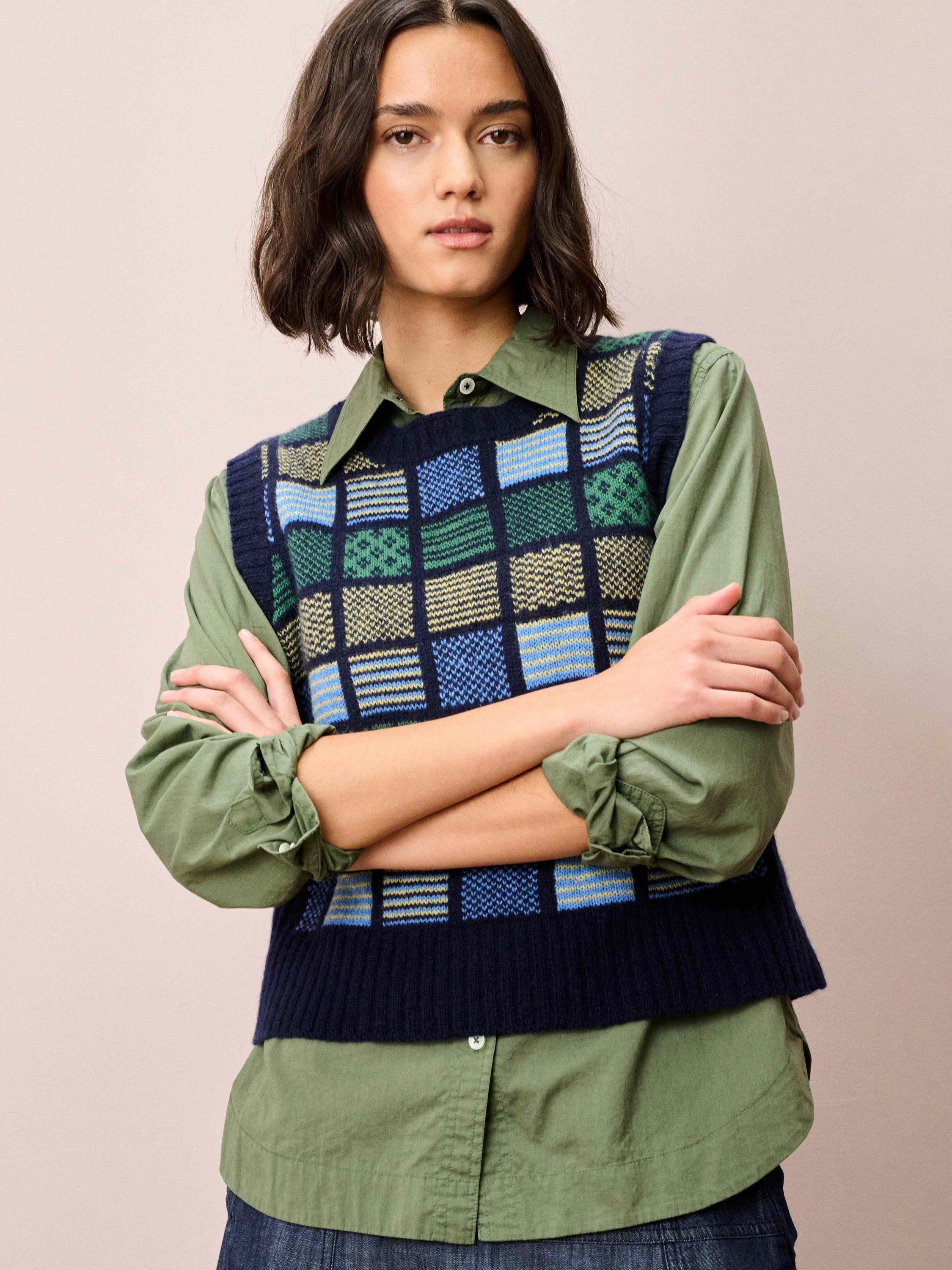 Product image 2 of 5, which shows Brora Folk Pure Wool Tank Top, Navy, 8