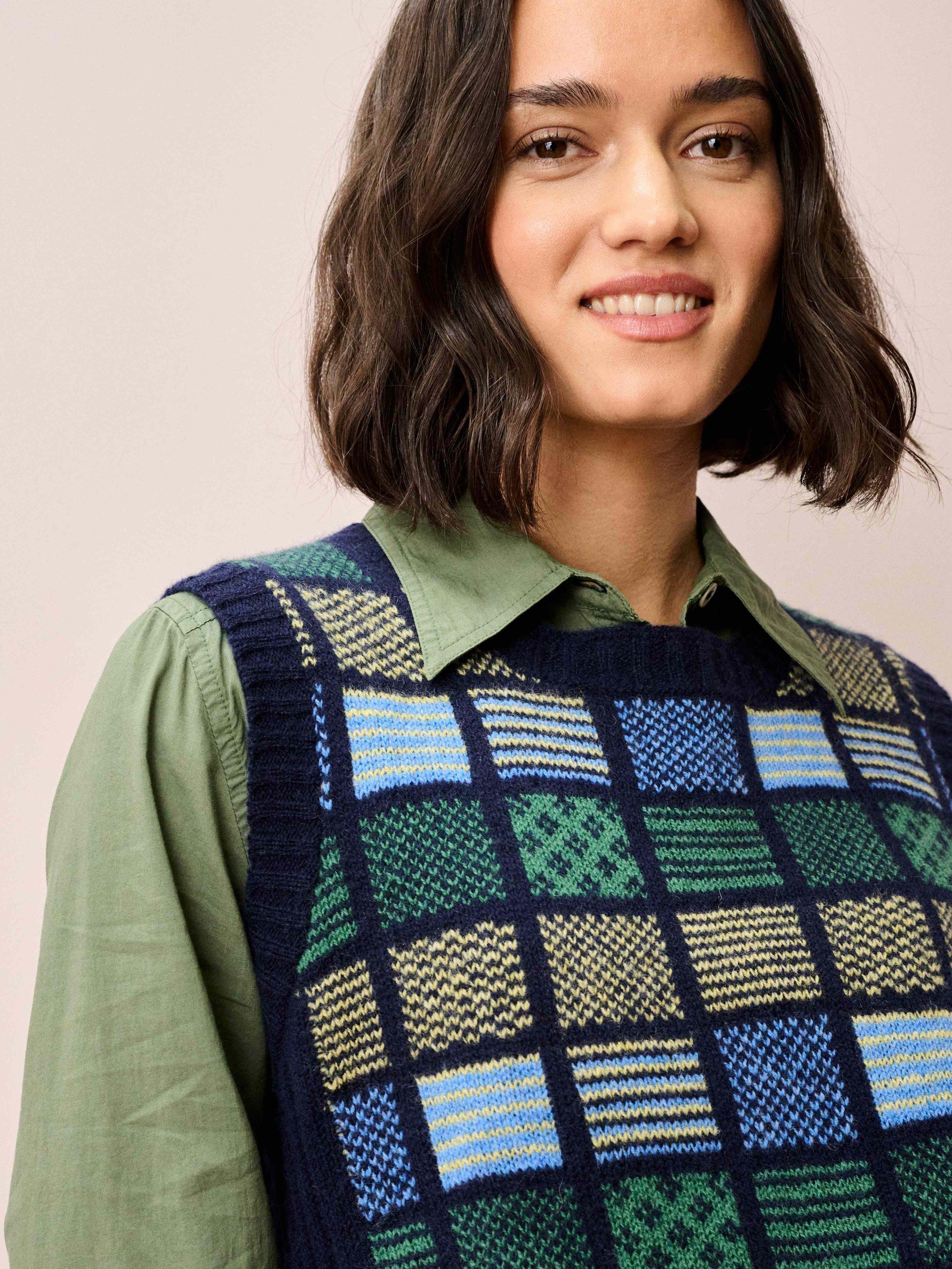 Product image 3 of 5, which shows Brora Folk Pure Wool Tank Top, Navy, 8