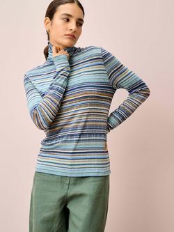 Brora Fine Stripe Jersey Polo Knit Jumper, Blue/Multi, Blue/Multi