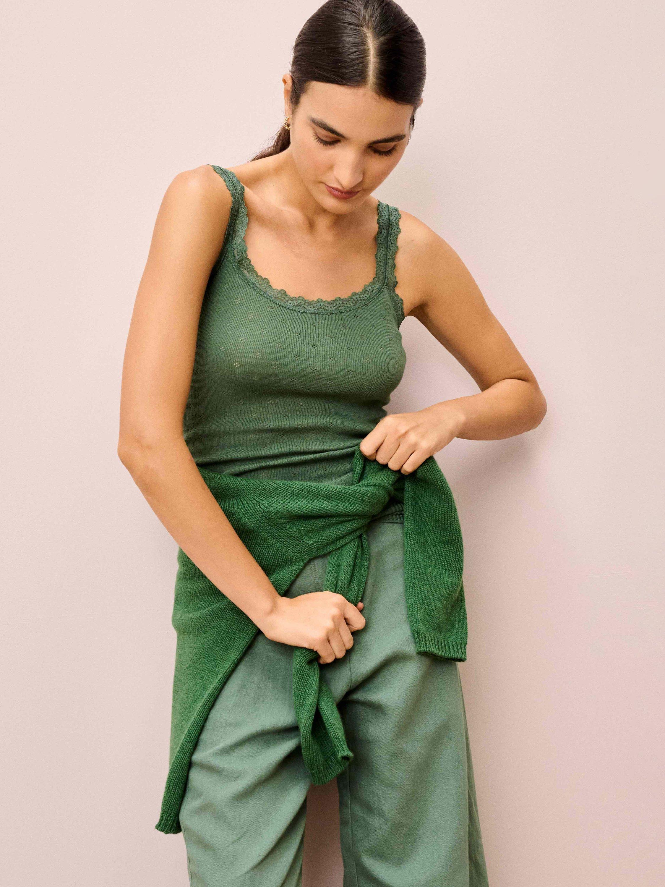 Product image 1 of 5, which shows Brora Lace Trim Scoop Neck Camisole, Tarragon, 8-10