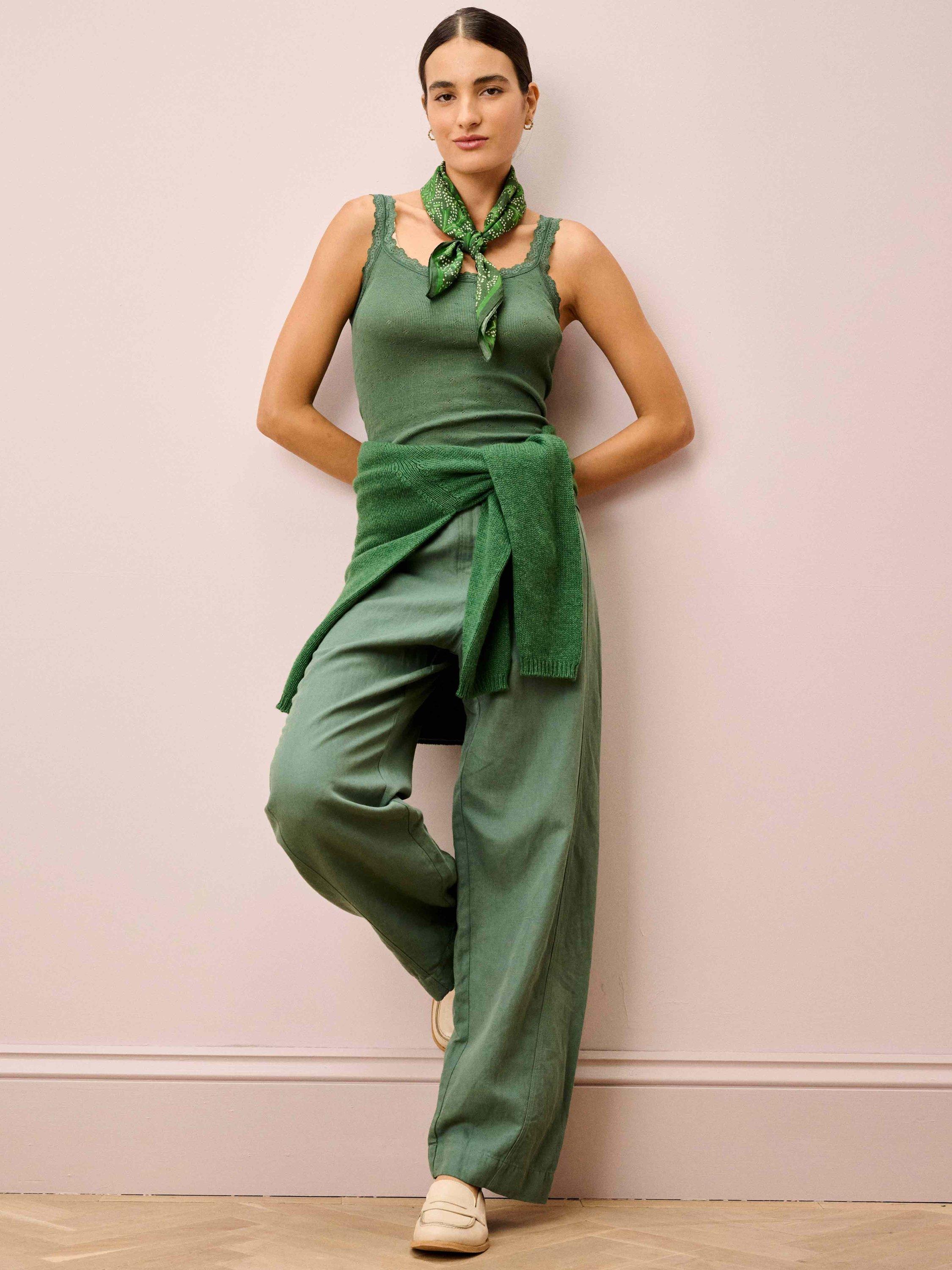 Product image 2 of 5, which shows Brora Lace Trim Scoop Neck Camisole, Tarragon, 8-10