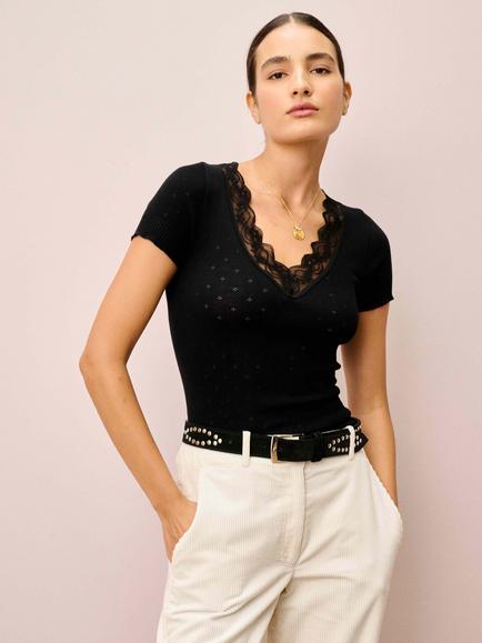 Brora Lace Trim Cap Sleeve Top, Black, Black