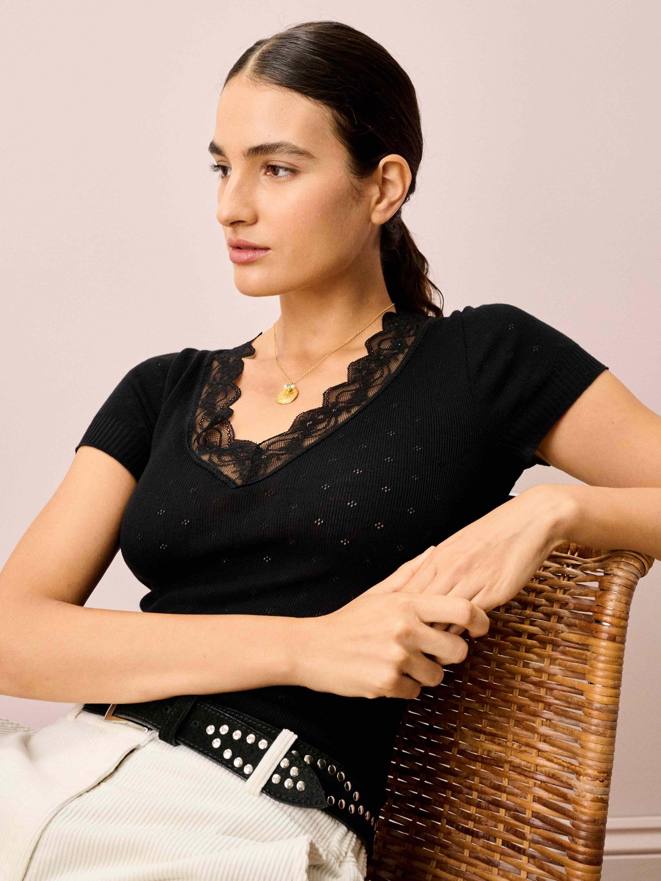 Product image 3 of 5, which shows Brora Lace Trim Cap Sleeve Top, Black, 8-10