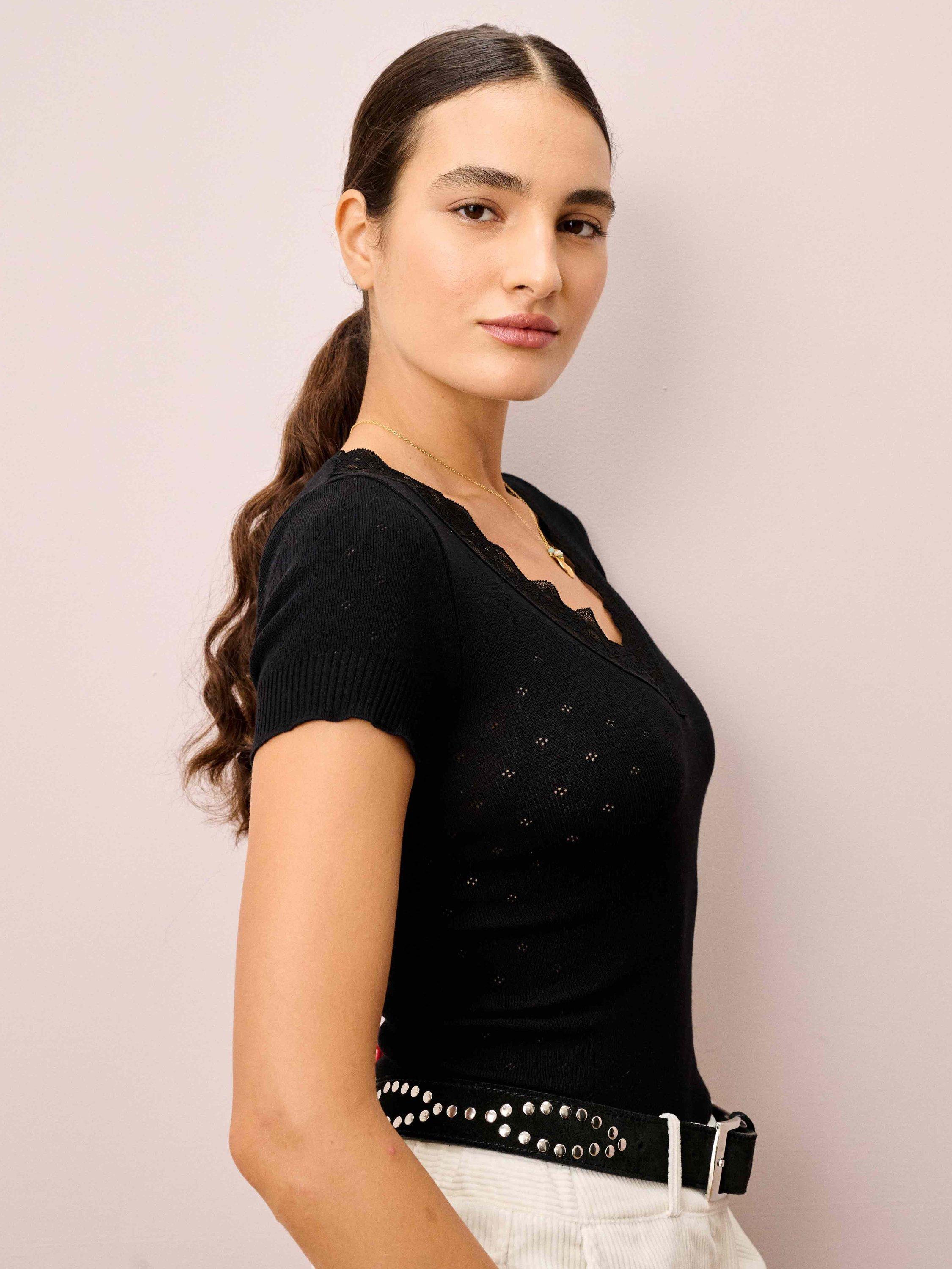 Product image 4 of 5, which shows Brora Lace Trim Cap Sleeve Top, Black, 8-10