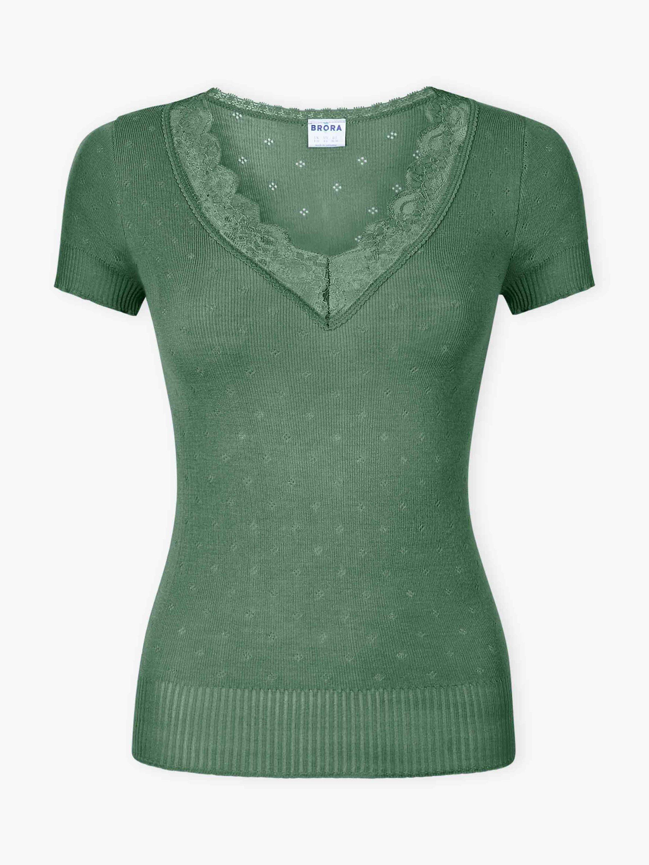 Product image 4 of 4, which shows Brora Lace Trim Cap Sleeve Top, Green, 8-10
