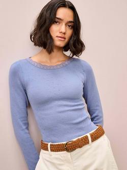 Brora Lace Trim Scoop Neck Long Sleeve Top, Blue, Blue