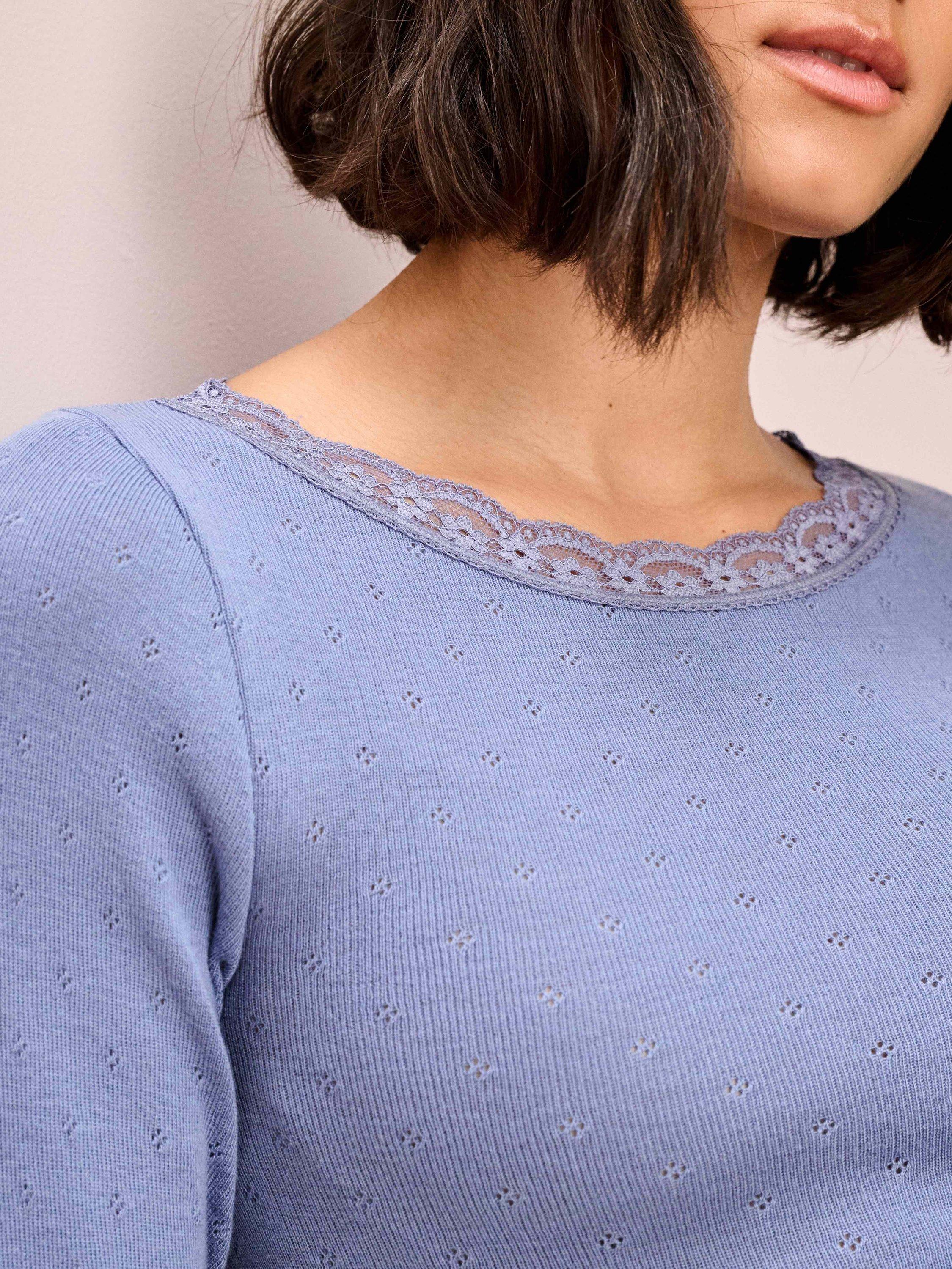 Product image 4 of 5, which shows Brora Lace Trim Scoop Neck Long Sleeve Top, Blue, 8-10