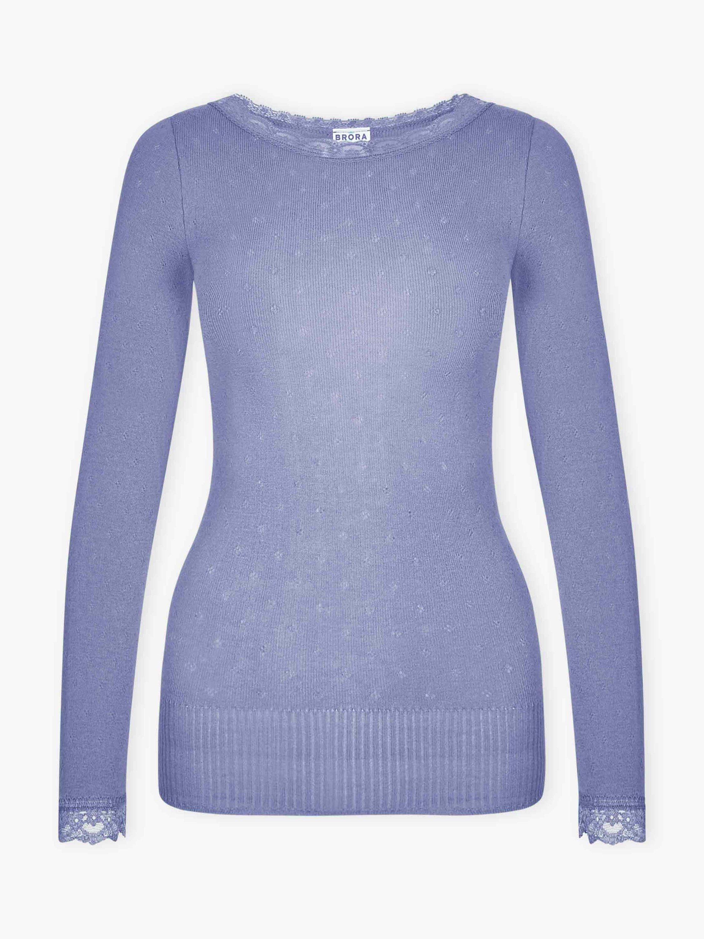 Product image 5 of 5, which shows Brora Lace Trim Scoop Neck Long Sleeve Top, Blue, 8-10