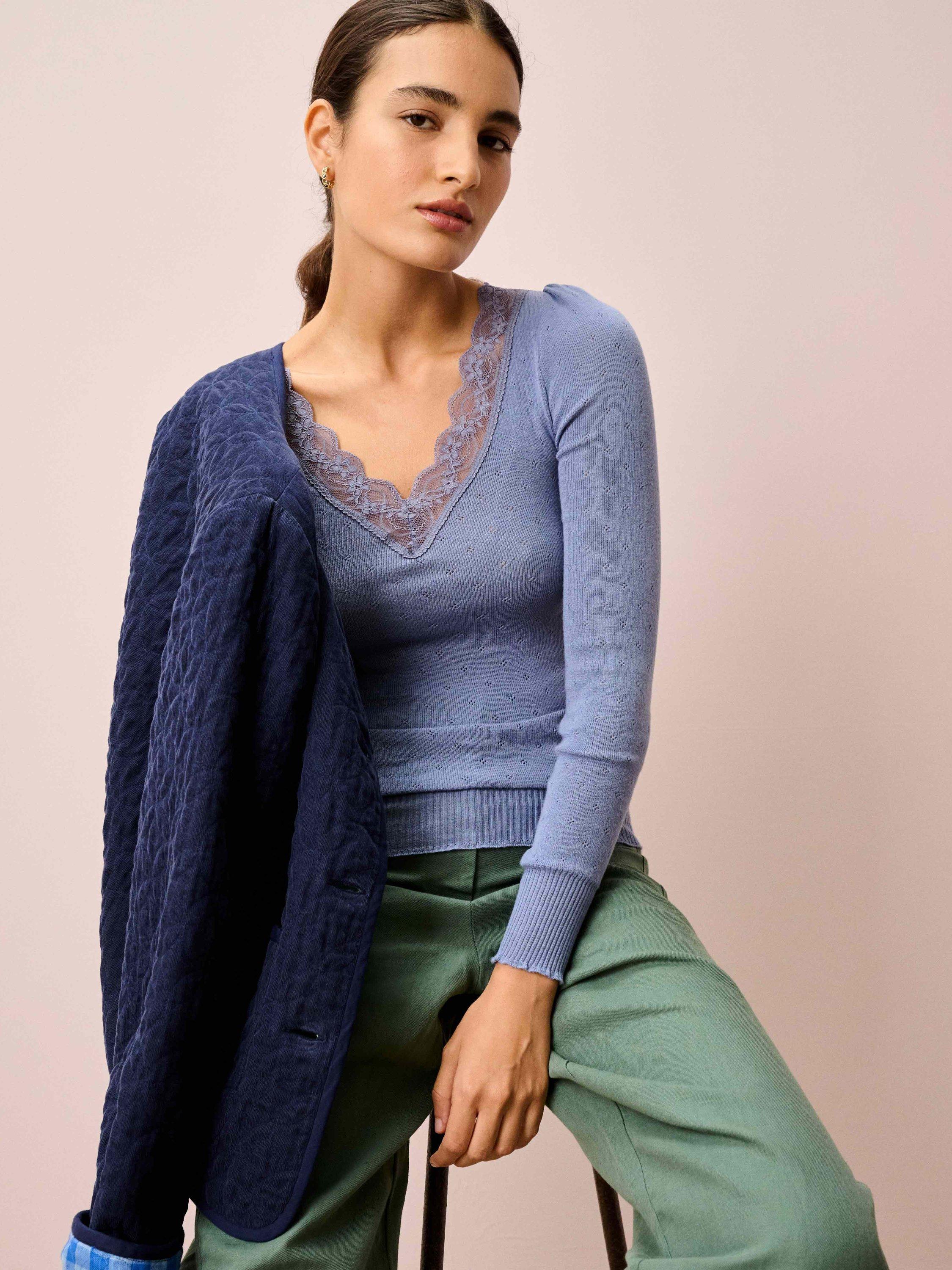 Product image 2 of 5, which shows Brora Lace Trim V-Neck Top, Thunder, 8-10