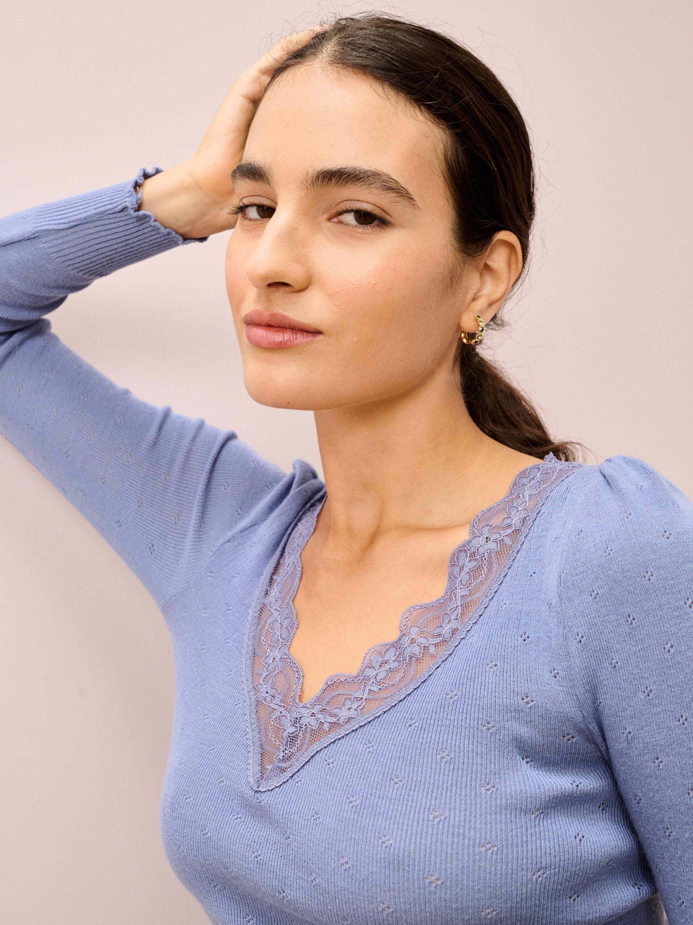 Product image 3 of 5, which shows Brora Lace Trim V-Neck Top, Thunder, 8-10