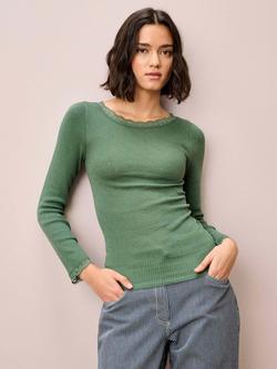 Brora Lace Trim Scoop Neck Long Sleeve Top, Green, Green