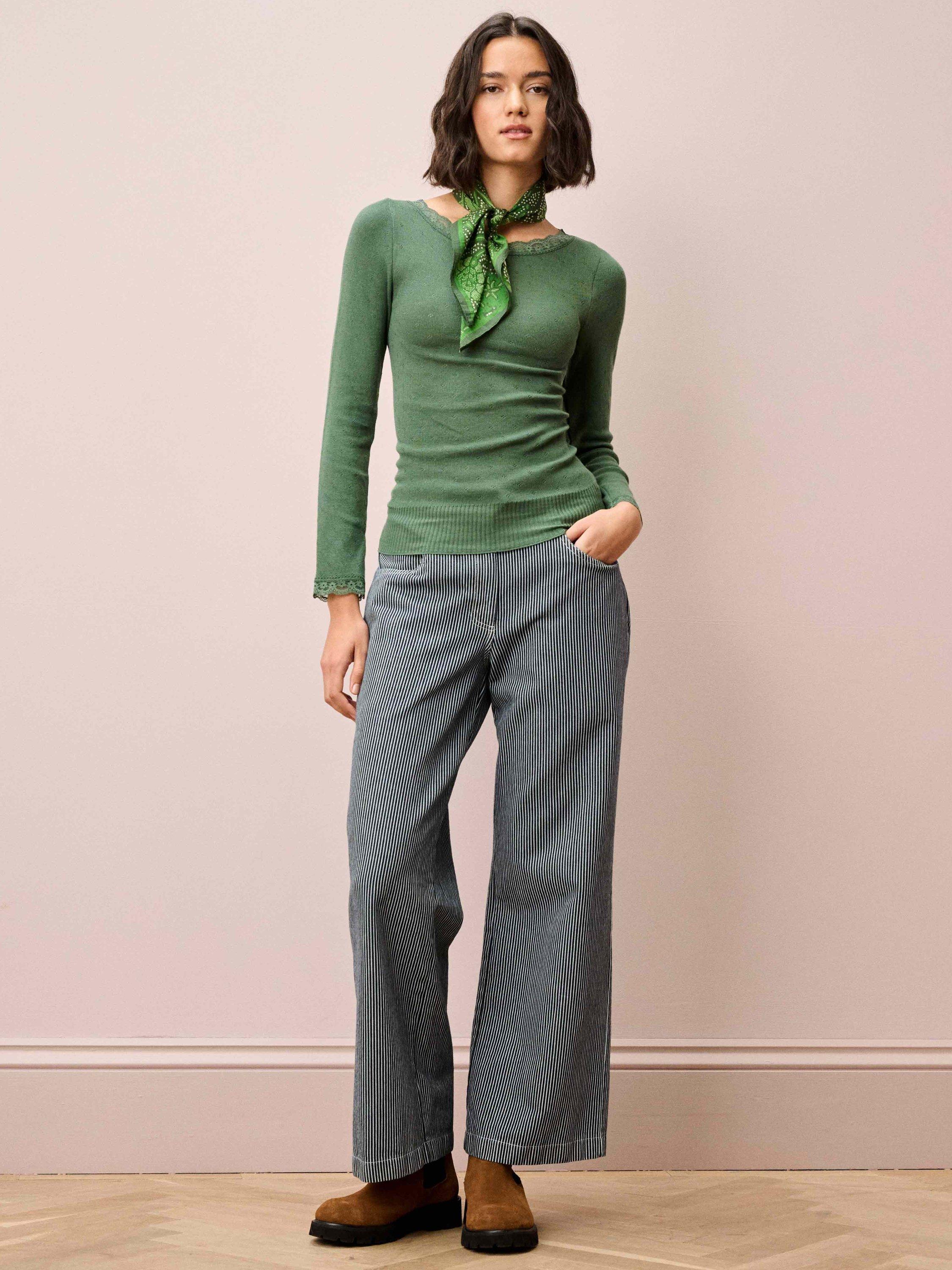 Product image 2 of 5, which shows Brora Lace Trim Scoop Neck Long Sleeve Top, Green, 8-10