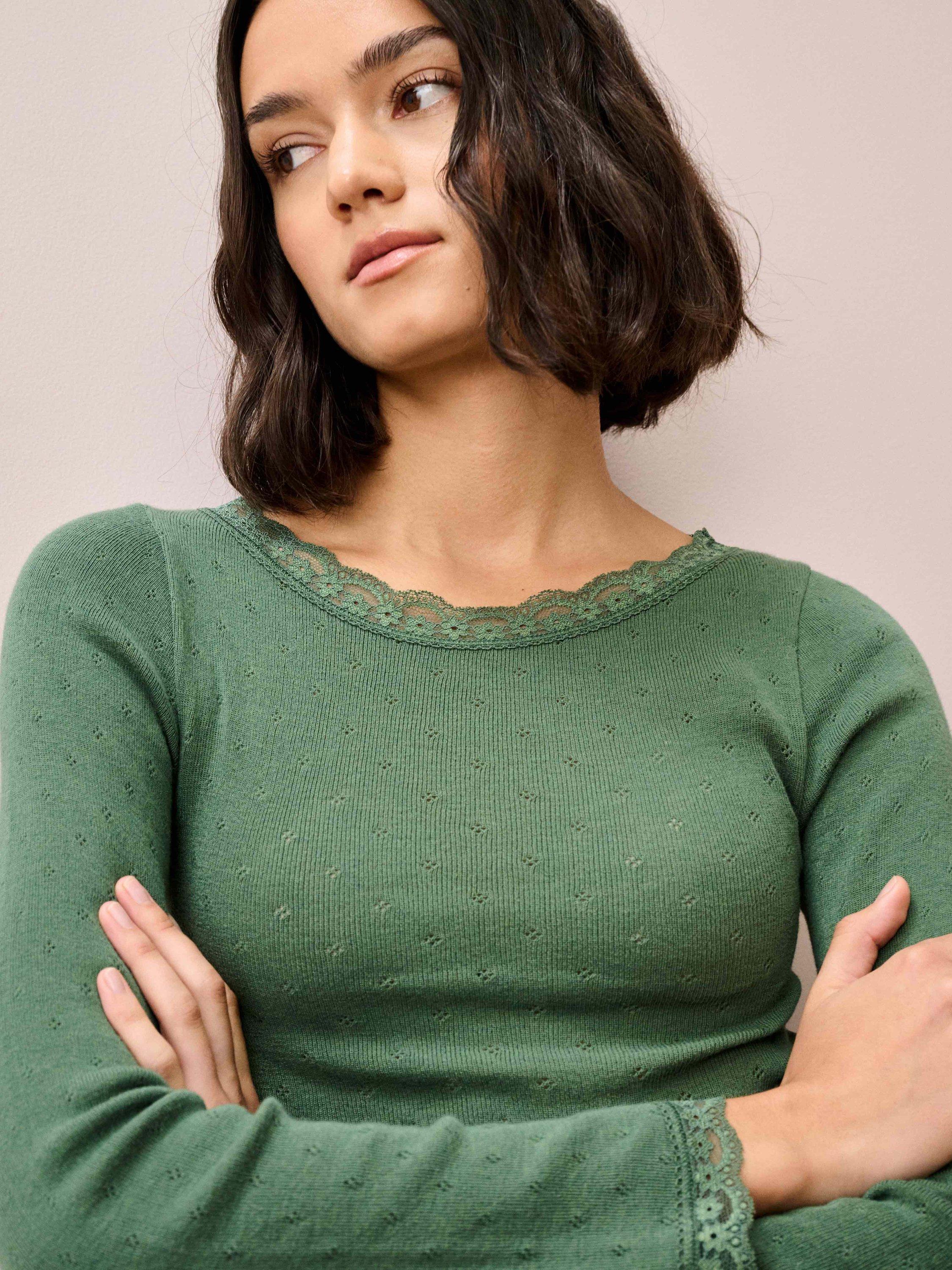 Product image 4 of 5, which shows Brora Lace Trim Scoop Neck Long Sleeve Top, Green, 8-10