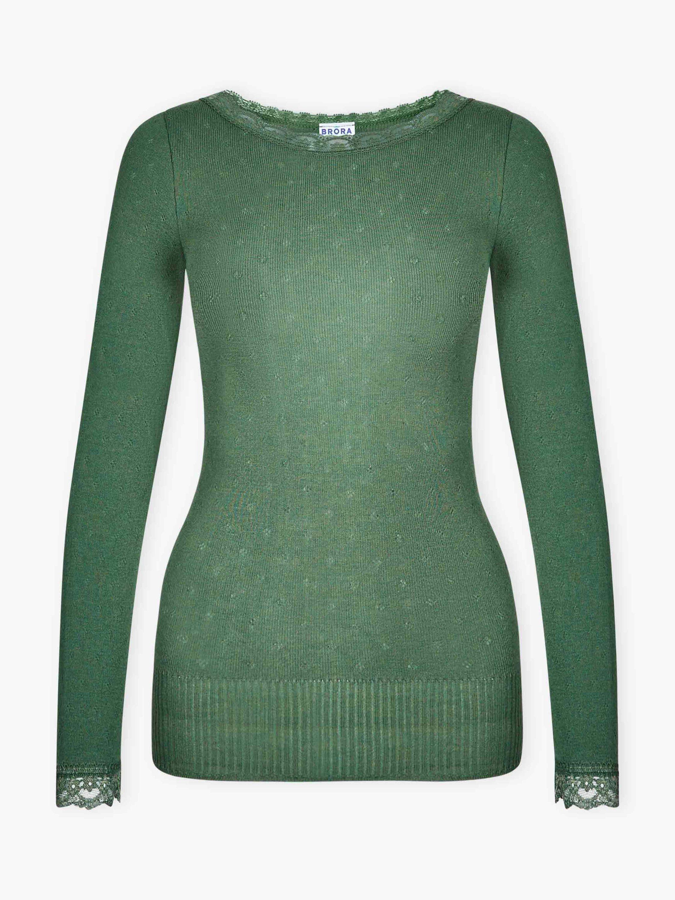 Product image 5 of 5, which shows Brora Lace Trim Scoop Neck Long Sleeve Top, Green, 8-10
