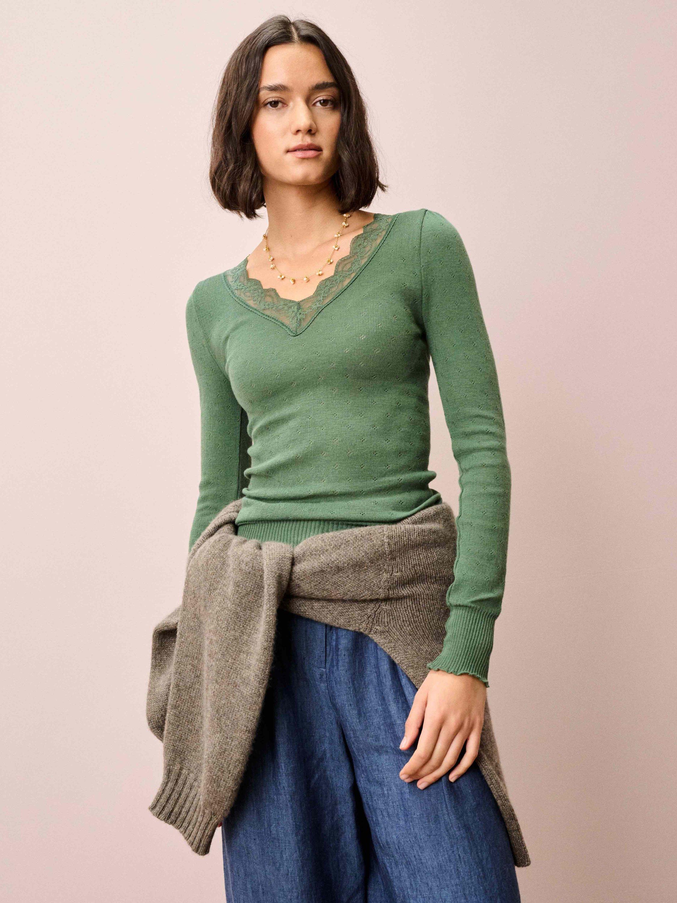 Product image 1 of 5, which shows Brora Lace Trim V-Neck Top, Green, 8-10
