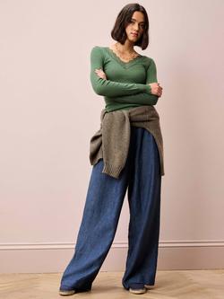 Brora Lace Trim V-Neck Top, Green - view 2, Green