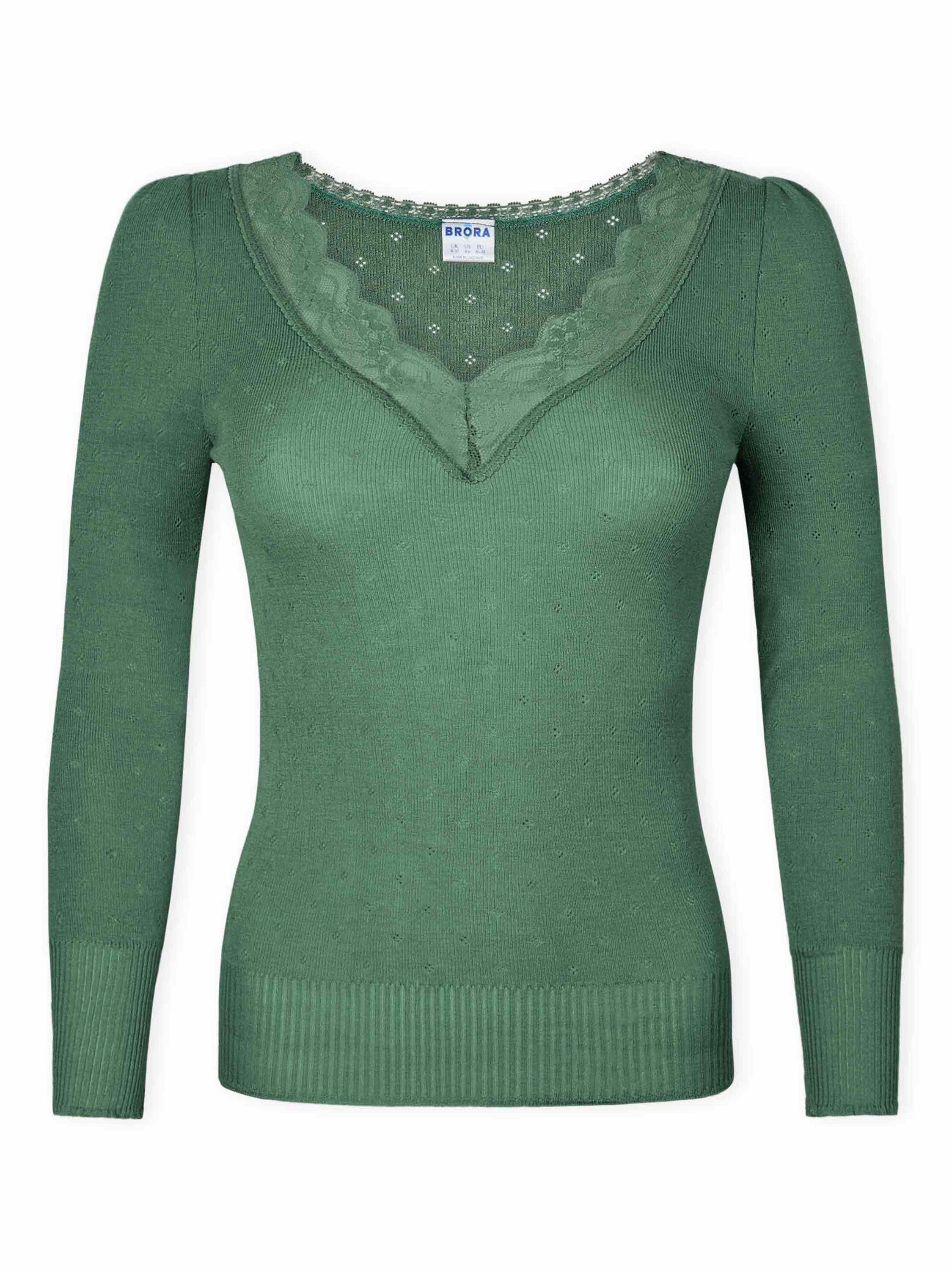 Product image 5 of 5, which shows Brora Lace Trim V-Neck Top, Green, 8-10