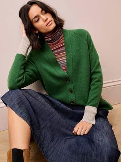 Brora Contrast Cuff Pure Cashmere Cardigan, Green - view 2, Green