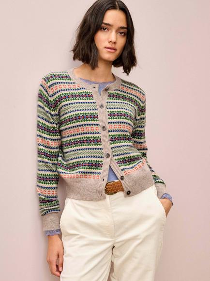 Brora Fair Isle Pure Cashmere Cardigan, Ash/Multi, Ash/Multi